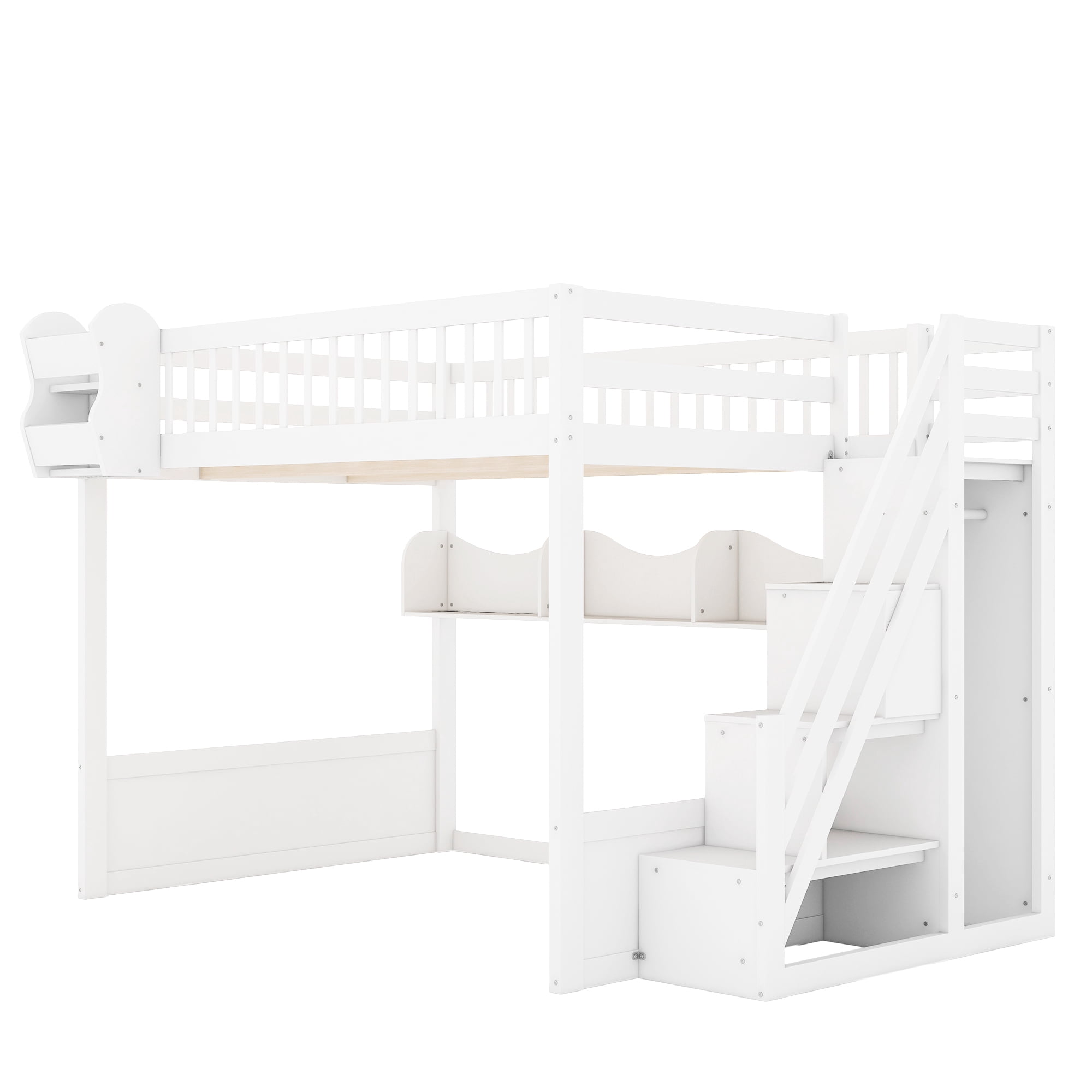 Euroco Wood Queen Size Loft Bed with Staircase and Wardrobe, Storage Bed with Cabinets and Shelves, White