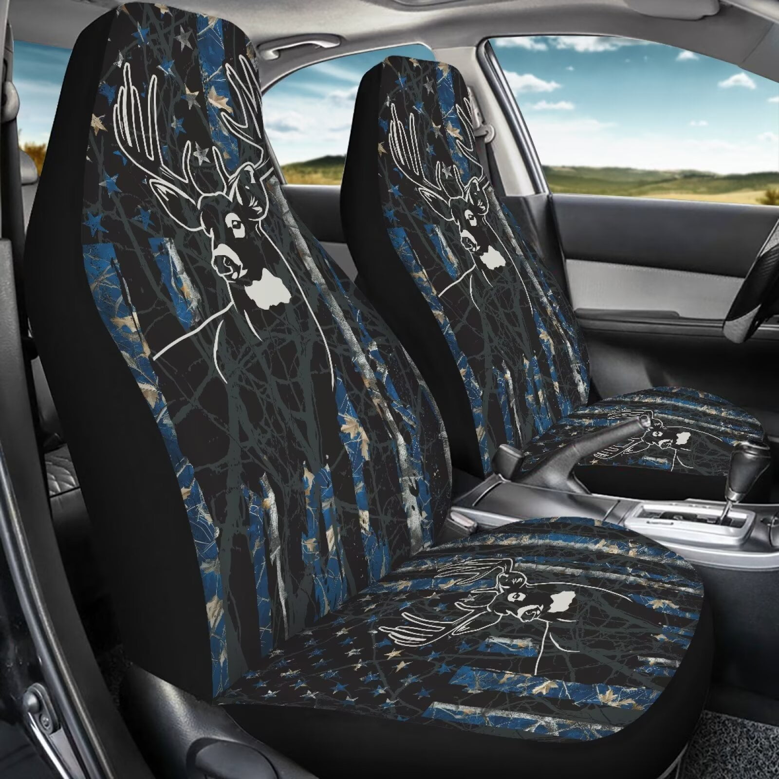 Binienty Camo Deer Front Auto Seat Covers American Flag Soft Cloth Bucket Seat Covers Breathable Anti-Slip Anti-Wear Elastic Easy to Install Universal Vehicle Accessories