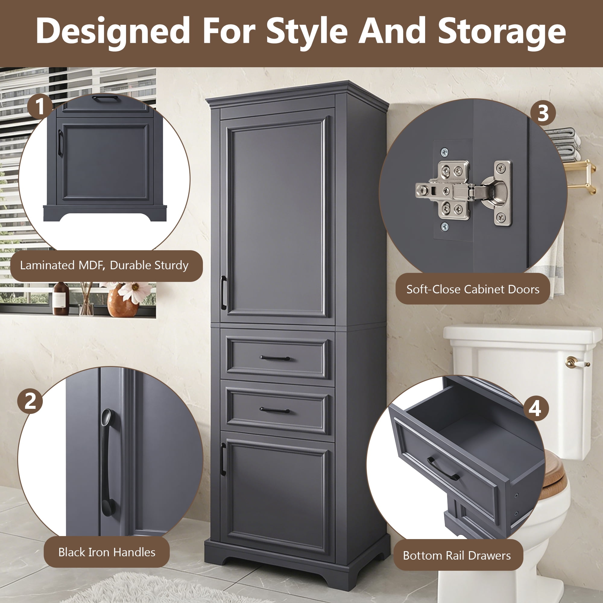Leumius 71" Tall Freestanding Bathroom Vanity with Damping-Hinge Doors, 2 Drawers, Adjustable Shelf, Anti-Tip Design, Modern Charcoal Gray Finish