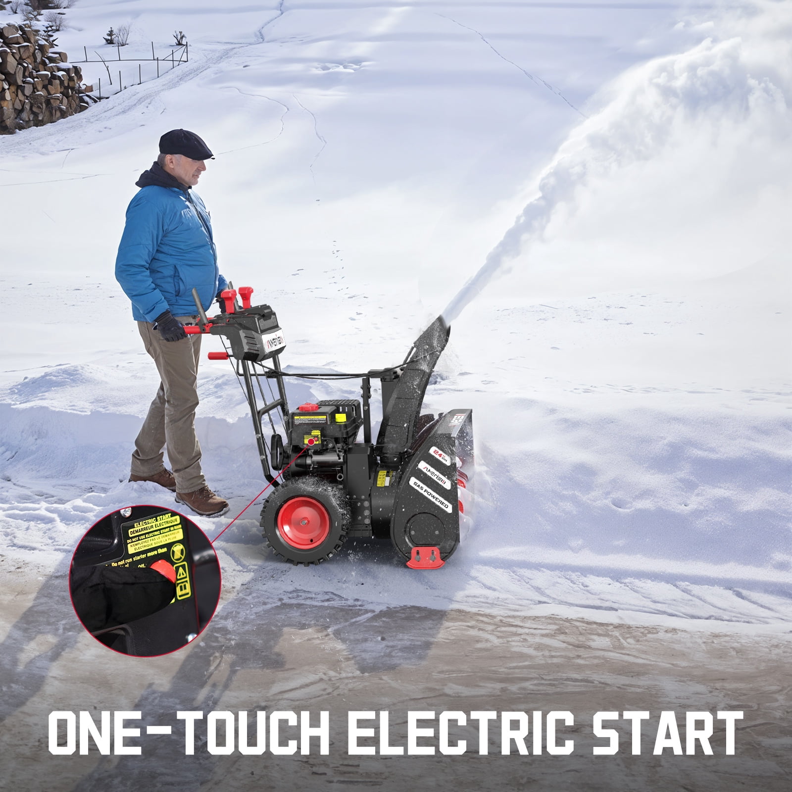Amerisun 24" Self-Propelled Gas Snow Blower, 212 cc, 4-Cycle Two-Stage Snow Thrower with Headlight