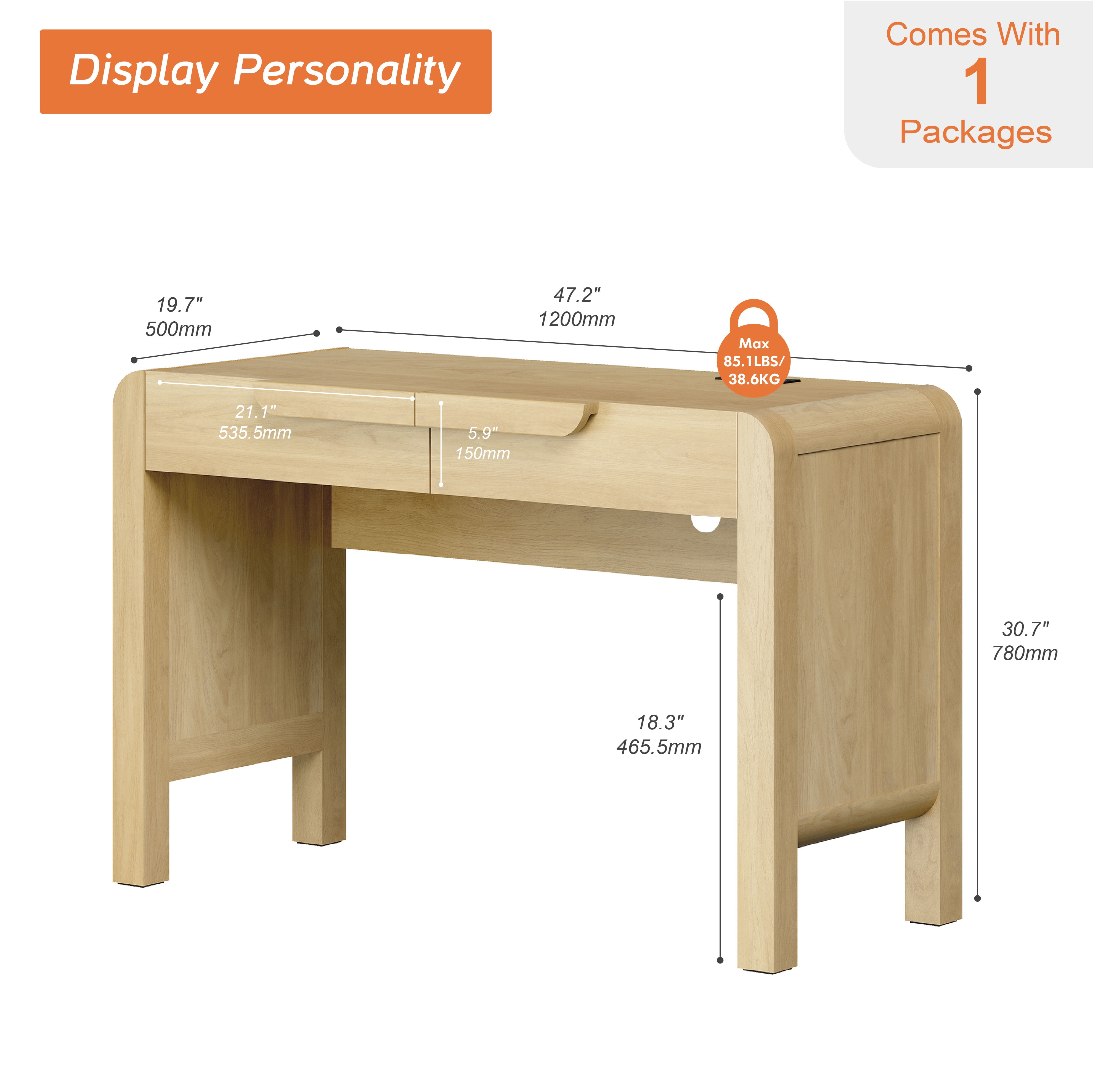 47.2”W Mid-century Modern Curved Waterfall Writing Desk With 2 Drawers，Wood Computer Desk With Charging Station, Standing Desk For Home Office