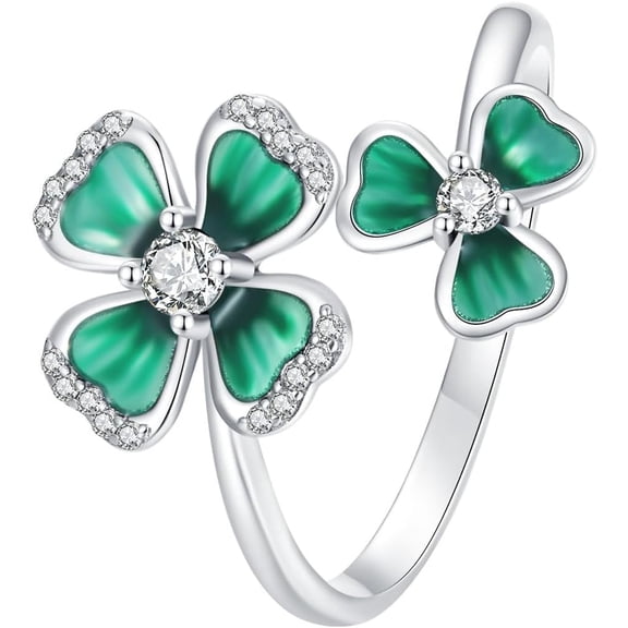 Cute Four Leaf Clover Statement Wrap Finger Ring for Women 925 Sterling Silver Cubic Zirconia Crystal Green Shamrock Stacking Adjustable Open Bands Eternity Promise Wedding Rings