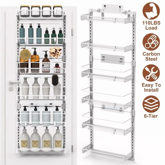 Large 6-Tier Over Door Pantry Storage Shelf, Hanging Metal Spice Rack for Kitchen & Bathroom, Heavy-Duty, 10 lb Capacity, White