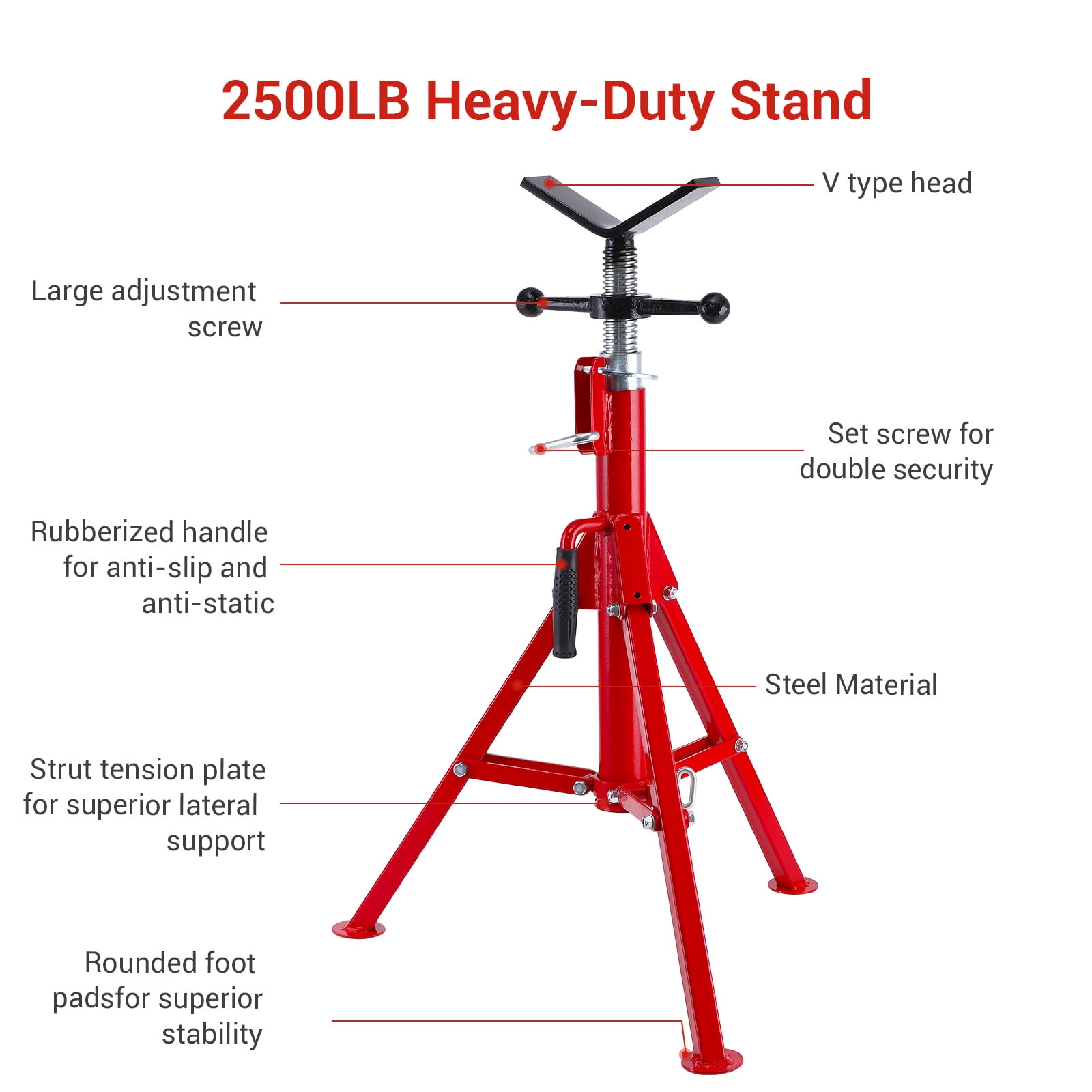 V Head Pipe Jack Stand, 1/8 in-12 in Capacity,Adjustable Height 28 in -52 in, Heavy Duty Pipe Stand Carbon Steel, 2500Lbs Load, Folding Legs for Welding, Threading, Hole Cutting