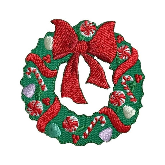 Christmas Wreath - Red Bow/Candy Cane/Peppermint - Iron on Applique/Embroidered Patch