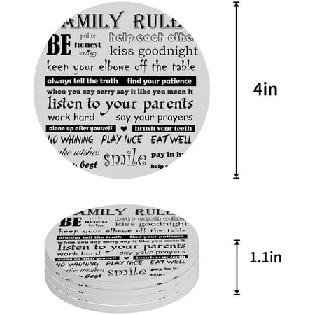 

KXMDXA Family Rules Set of 4 Round Coaster for Drinks Absorbent Ceramic Stone Coasters Cup Mat with Cork Base for Home Kitchen Room Coffee Table Bar Decor