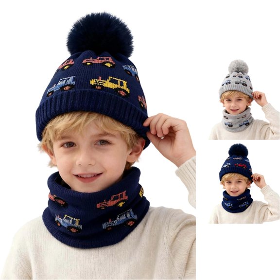 Oiyii Toddler Boys Vivid Beanies Vehicle‑Jacquard Bomber Hats, Black