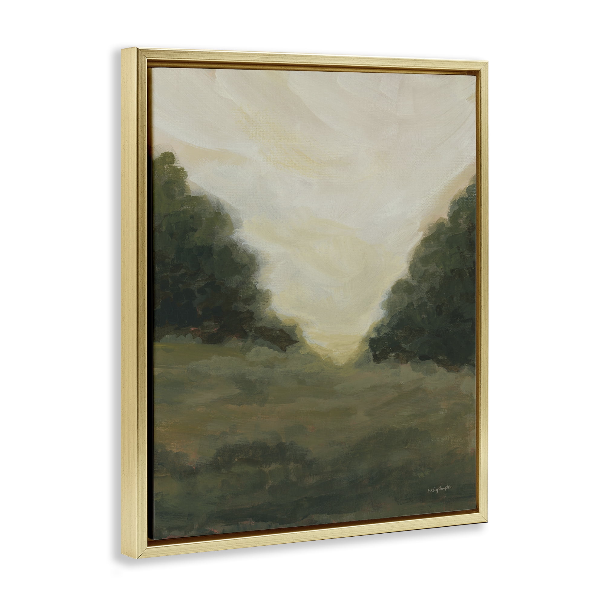 Stupell Industries Serene Green Field View Landscape Painting Gold Floater Framed Art Print Wall Art, 17 x 21