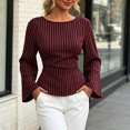 thumbnail image 2 of IUYRTFE Women's Striped Bell Sleeve Blouse Crew Neck Slim Fit Waisted Casual Fall Top, 2 of 3