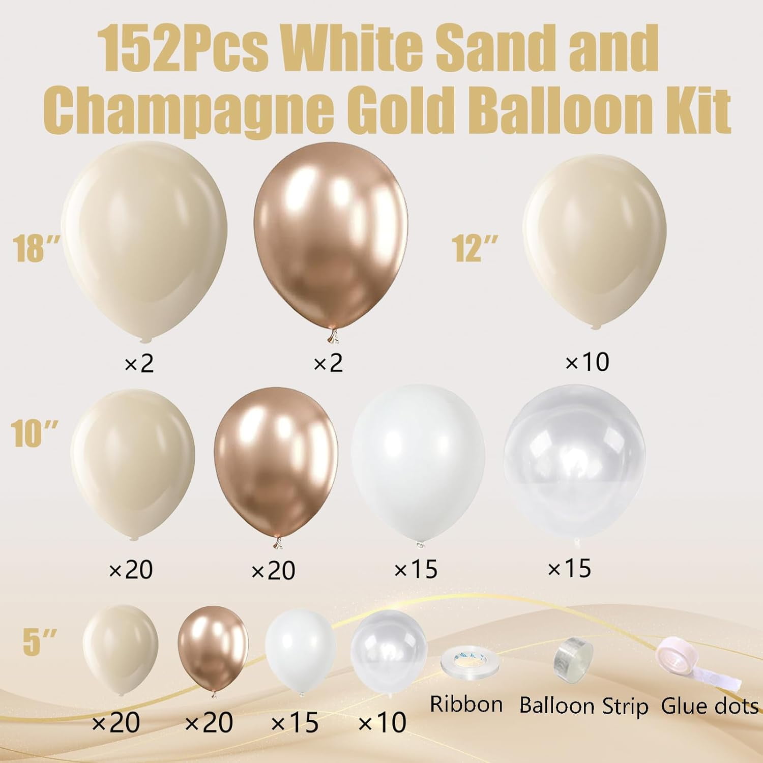 White Sand Metallic Champagne Gold Balloons Garland Arch Kit,152PCS White Neutral Balloons with Clear Balloons for Birthday Wedding Baby Shower Bridal Shower Engagement Anniversary Decoration