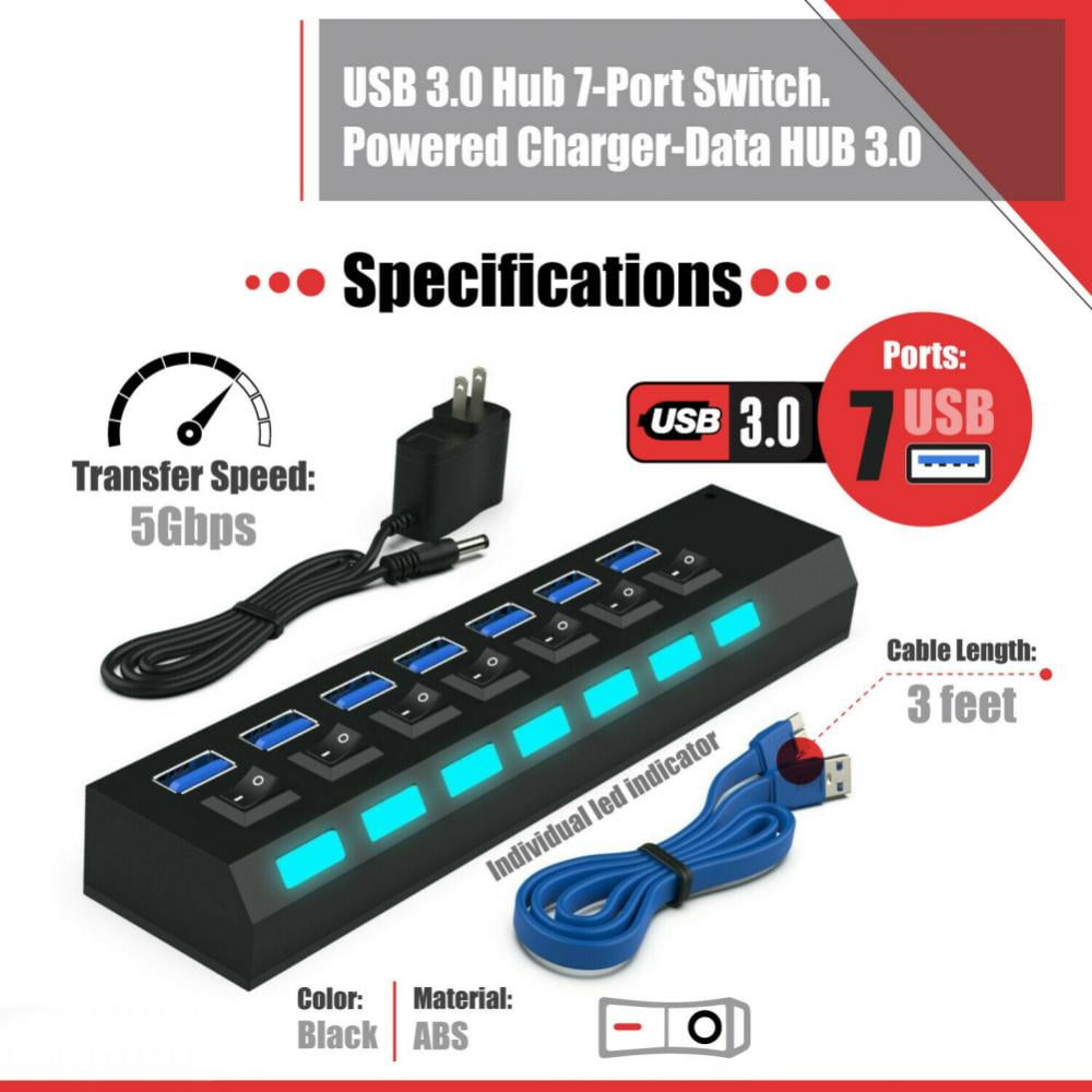 USB Hub 3.0 Splitter, 7-Ports USB Adapter with Individual ON/Off Switches and LEDs, Multi-Port USB Data Hub for PC, Mac, Laptop, Surface, and More