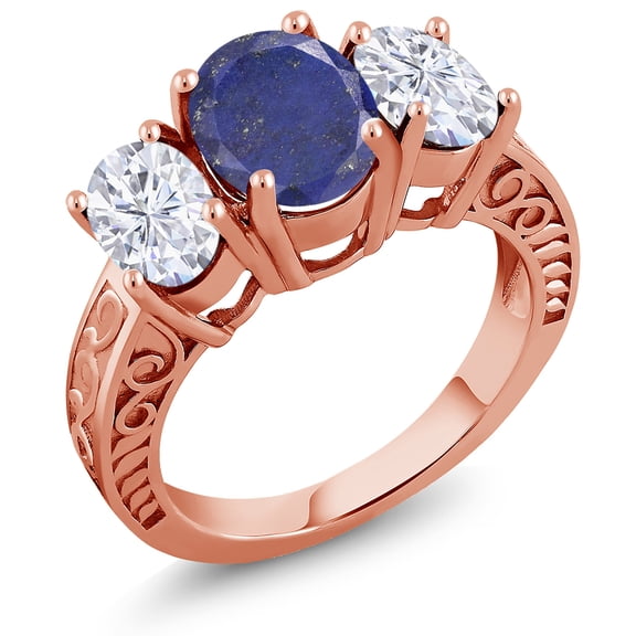 Gem Stone King 18K Rose Gold Plated Silver 3-Stone Ring Oval Blue Lapis and Moissanite (3.80 Cttw, Size 9)