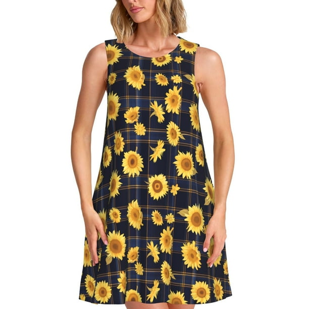 Fotbe Royal Blue Plaid Sunflower Vestido de Verano sin Mangas para Mujer – Vestido Midi Línea A, Estilo Camiseta Floral, Vestido Playero Casual y Fluido