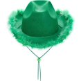 thumbnail image 3 of Sombrero de vaquero verde para hombre y mujer, sombrero de vaquera de fieltro con adorno de piel esponjosa, sombrero de plumas Extra grande para adultos, accesorios para fiesta occidental, 3 of 5