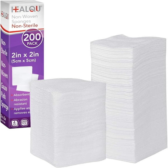 HEALQU Gauze Pads 2"x2" - 200-Pack, 4-Ply Non-Woven Sponges Non-Sterile, All-Purpose Dental and Surgical Sponges Including First Aid Kits and Medical Facilities