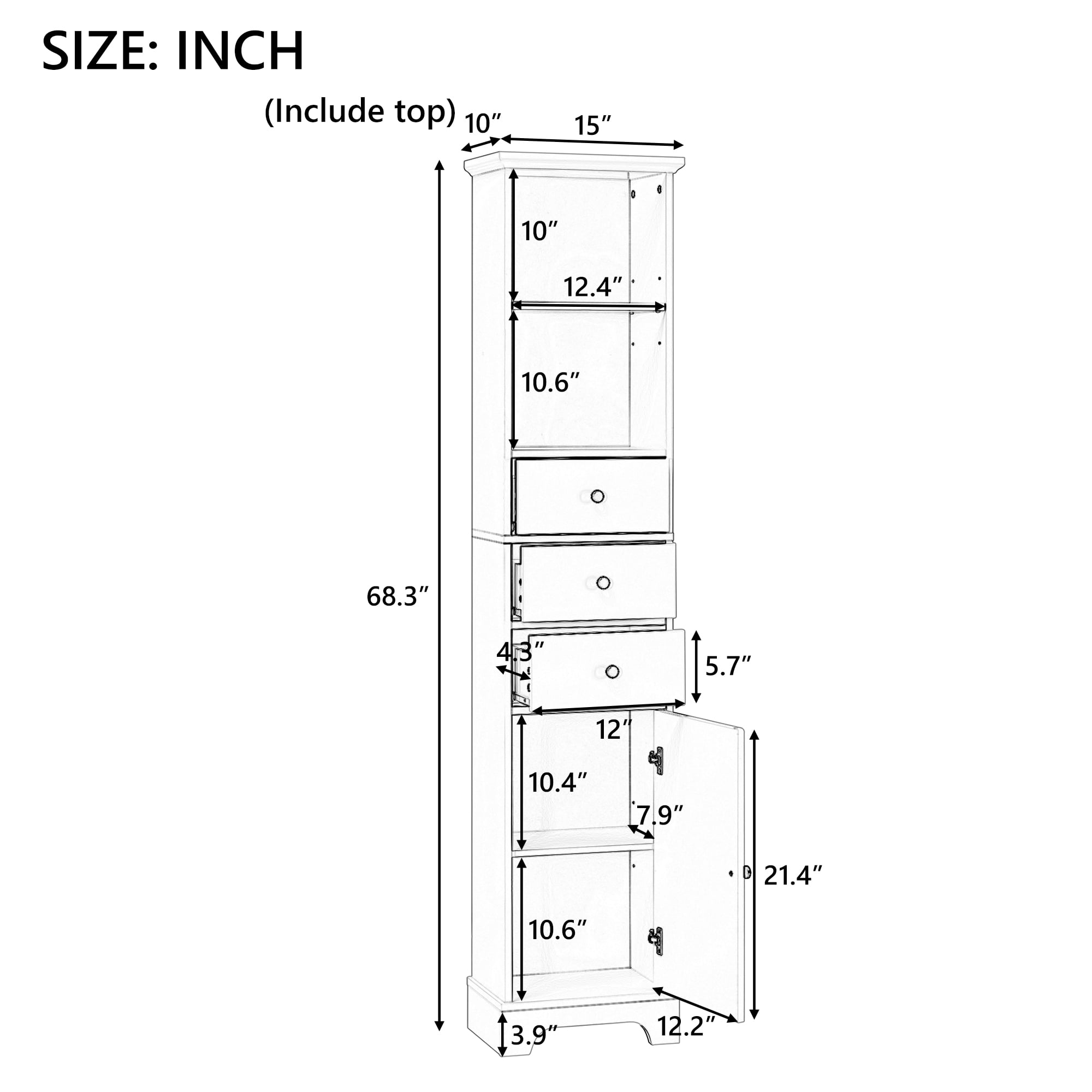 EUROCO Bathroom Storage Cabinet,Wood Linen Cabinet, Narrow Tall Cabinet Storage Tower with Adjustable Shlef,Door and 3 Drawers,Painted Finish, Grey