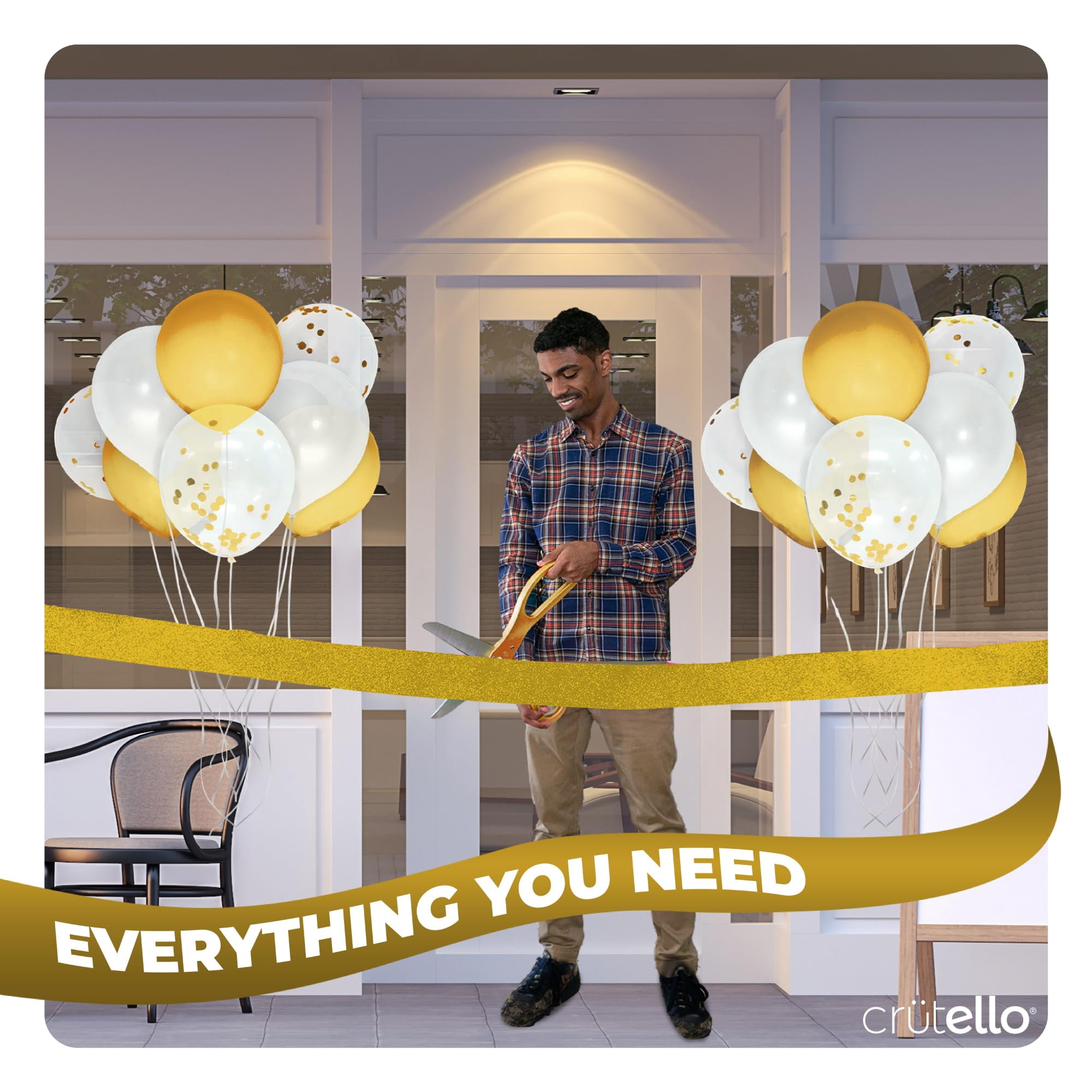 Crutello Ribbon Cutting Ceremony Kit - 20"Giant Scissors with Gold Handle, 30ft Sparkle Giant Gold Ribbon 4"Wide, 24 Balloons & 90ft Balloon Band for Grand Opening Decorations