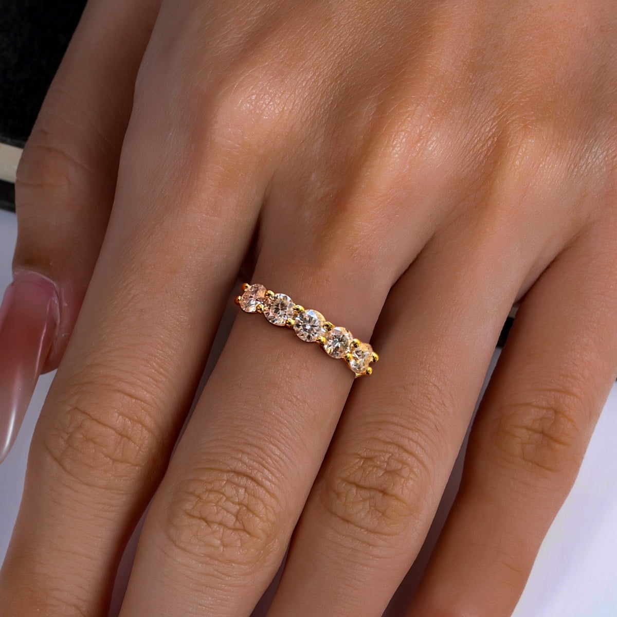 AnuClub 5 Stone Moissanite Eternity Wedding Band 1.5cttw D Color Moissanite 14K Gold Plated 925 Sterling Silver Rings for Women with Certificate