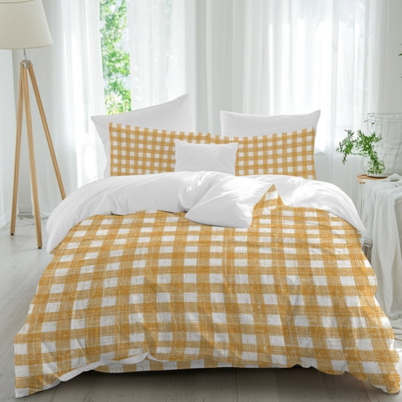 Gold Checks Queen Duvet Cover Set, Pale Yellow Striped White Gingham Plaid Rustic Farm 4 Piece Microfiber Bedding Set with Zipper Closure, Bed Sheet and 2 Pillow Shams, Soft Bedding Cover