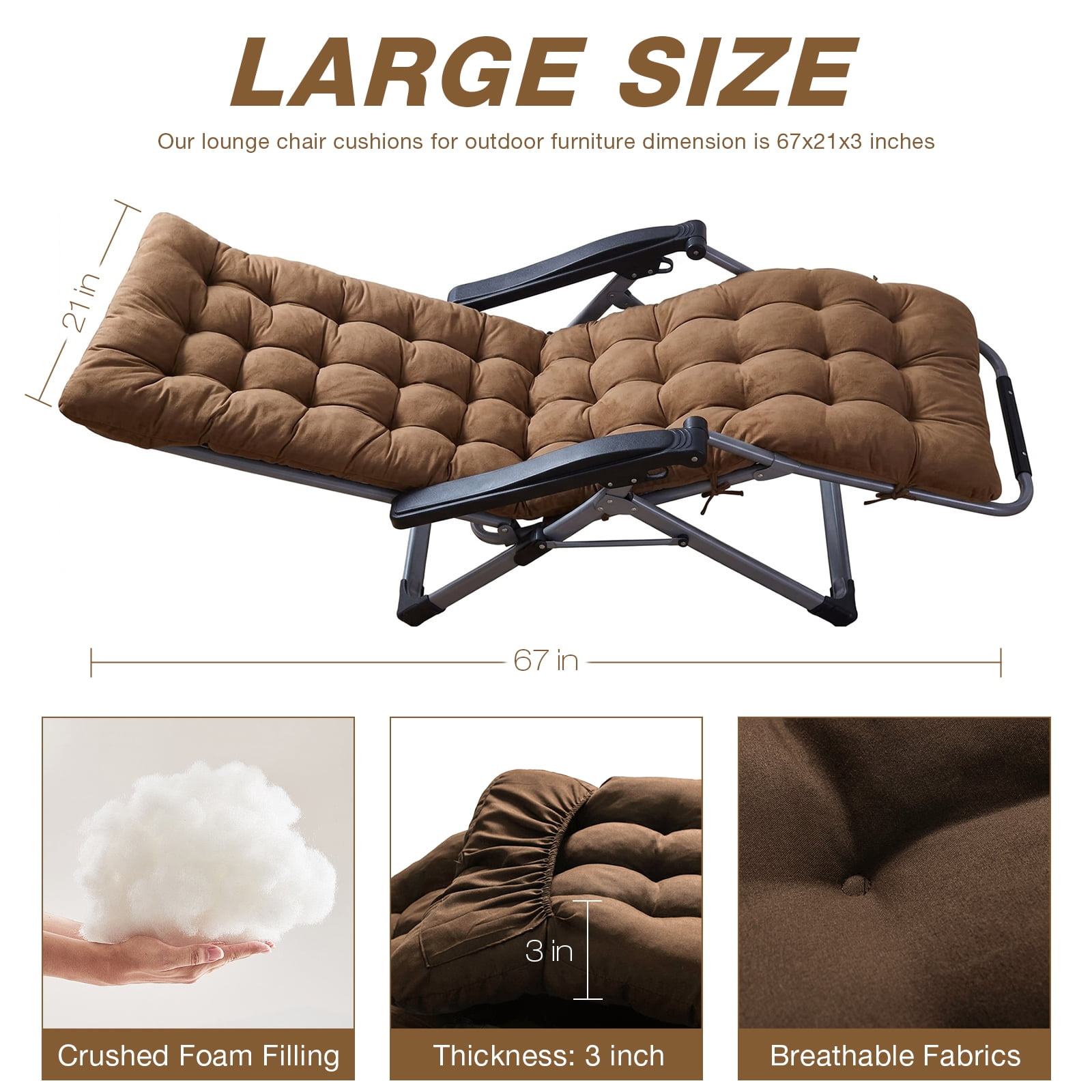 YEERSWAG 67x21x3 inch Outdoor Chaise Lounge Cushions, Lounge Chaise Cushion with Ties, Non Slip High Back Chair Pad for Patio Furniture, Coffee