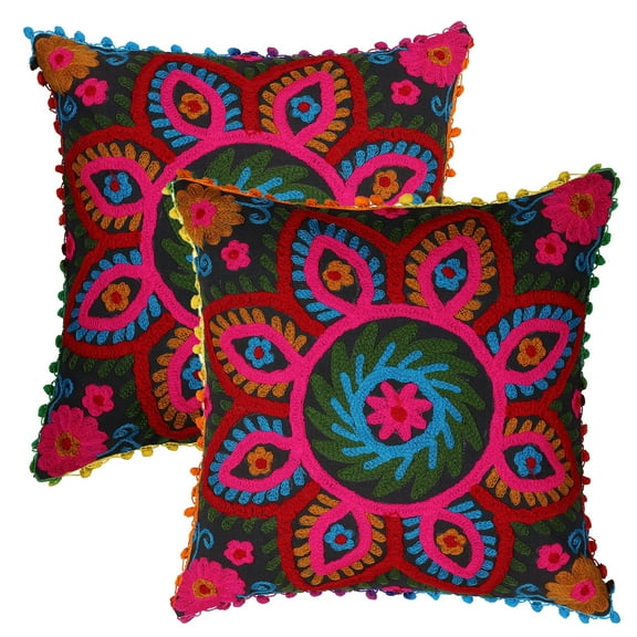Stylo Culture Suzani Embroidered Sofa Throw Pillow Covers 16x16 Ethnic Black Stylish 40x40 cm Pom Pom Lace Cotton Floral Square Cushion Covers | Set Of 2