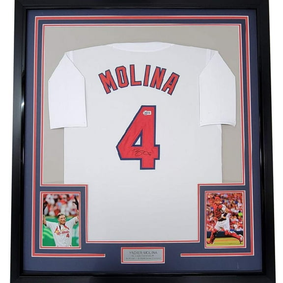 Framed Autographed/Signed Yadier Molina 35x39 St. Louis White Baseball Jersey Beckett BAS COA
