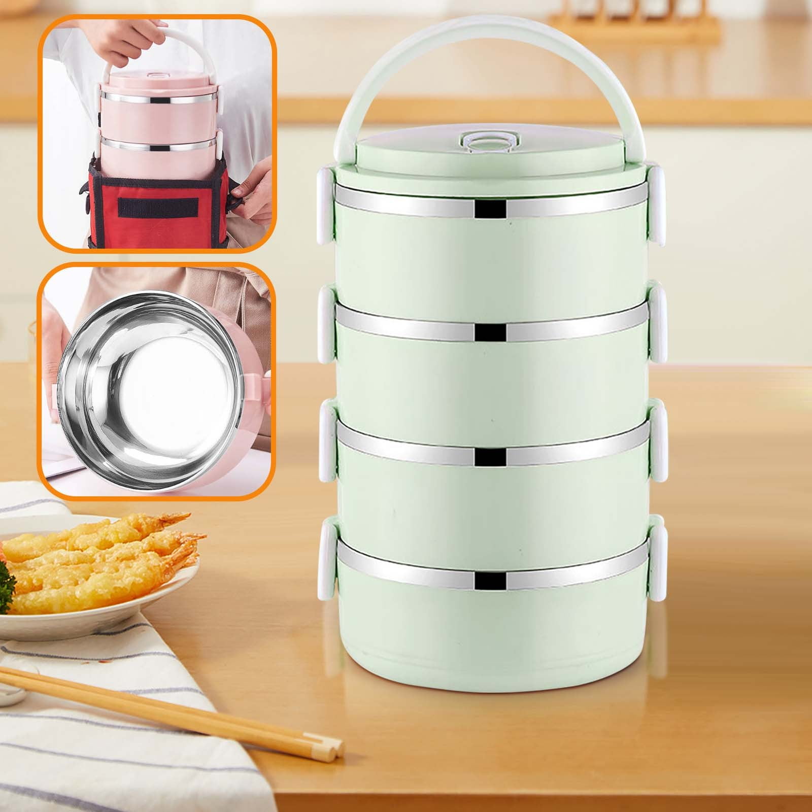 AZXY Metal Bento Box, 4-Layer Round Stainless Steel Insulated Lunch Box, Portable Leakproof Fresh Keeping Bentgo Box for Office Outdoor Use, Green