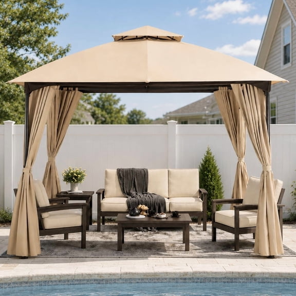 KAMEROUT 10'x10' Outdoor Gazebo with Privacy Screens & Expansion Bolts, Patio Double Roof Metal Frame Gazebo for Garden, Backyard, Khaki