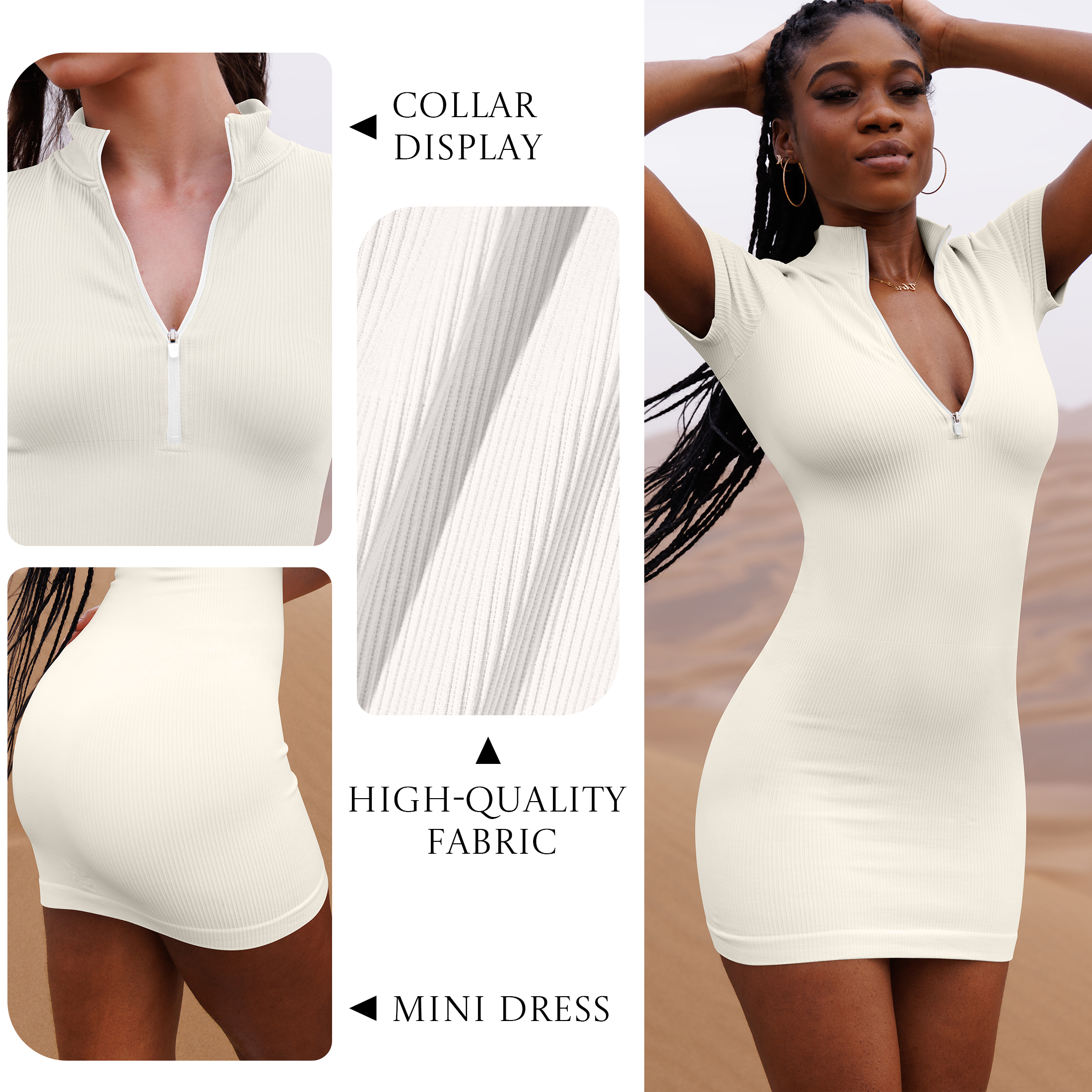 OQQ Women's 2 Piece Dresses Sexy Ribbed Zip Front Short Sleeve Stretch Tops Mini Dress