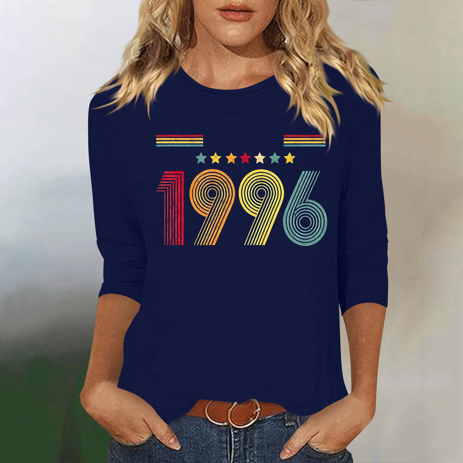 HOMBOM Womens Tops Summer T-Shirts Basic Retro 1996 Print Graphic 3/4 Sleeve Blue Crew Neck Graphic Tees for Ladies