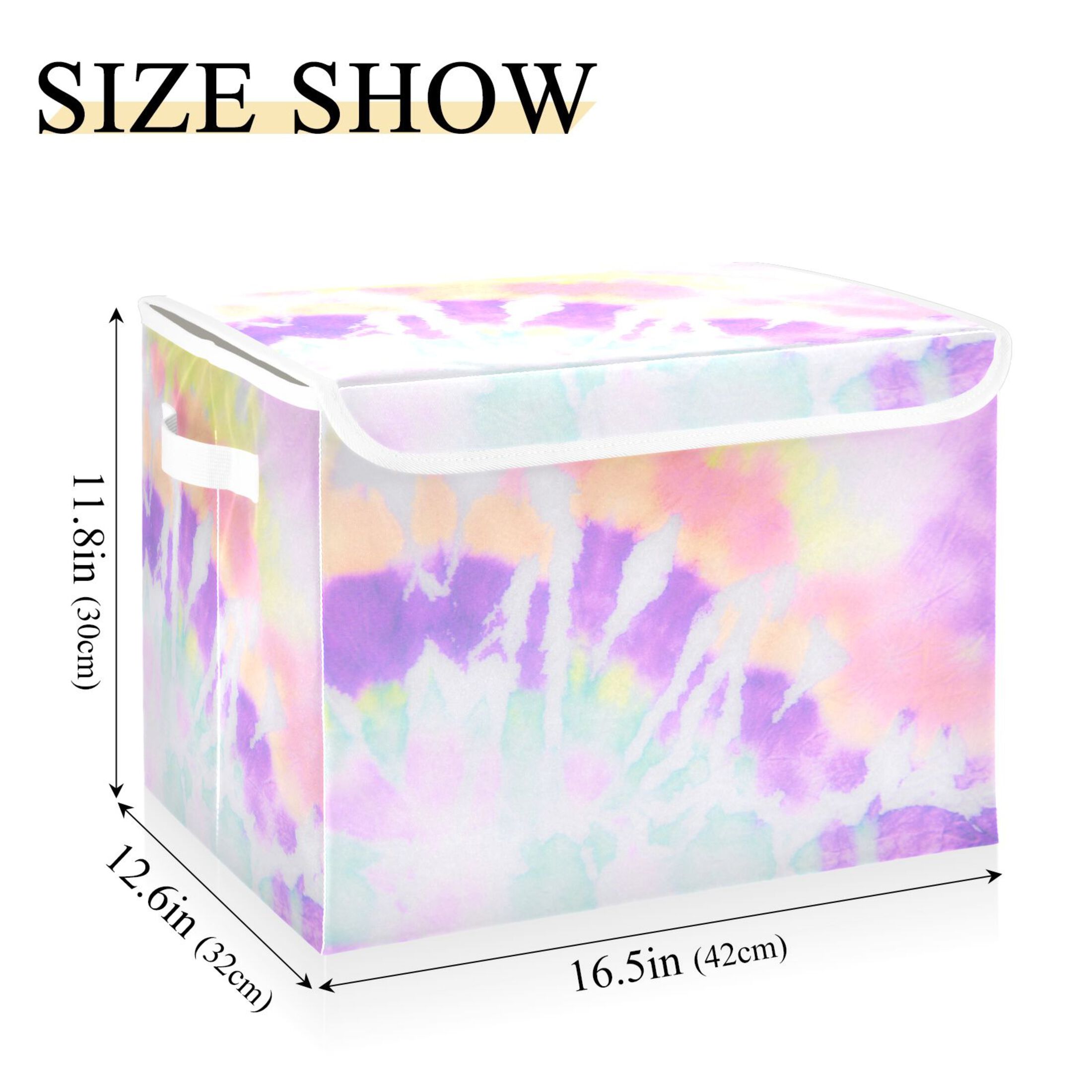 Lavender Spiral Tie-dye Large Lidded Storage Bin Foldable Storage Boxes Cubes Baskets Lids with 2 Handles for Home Bedroom Office 16.5x12.6x11.8inch