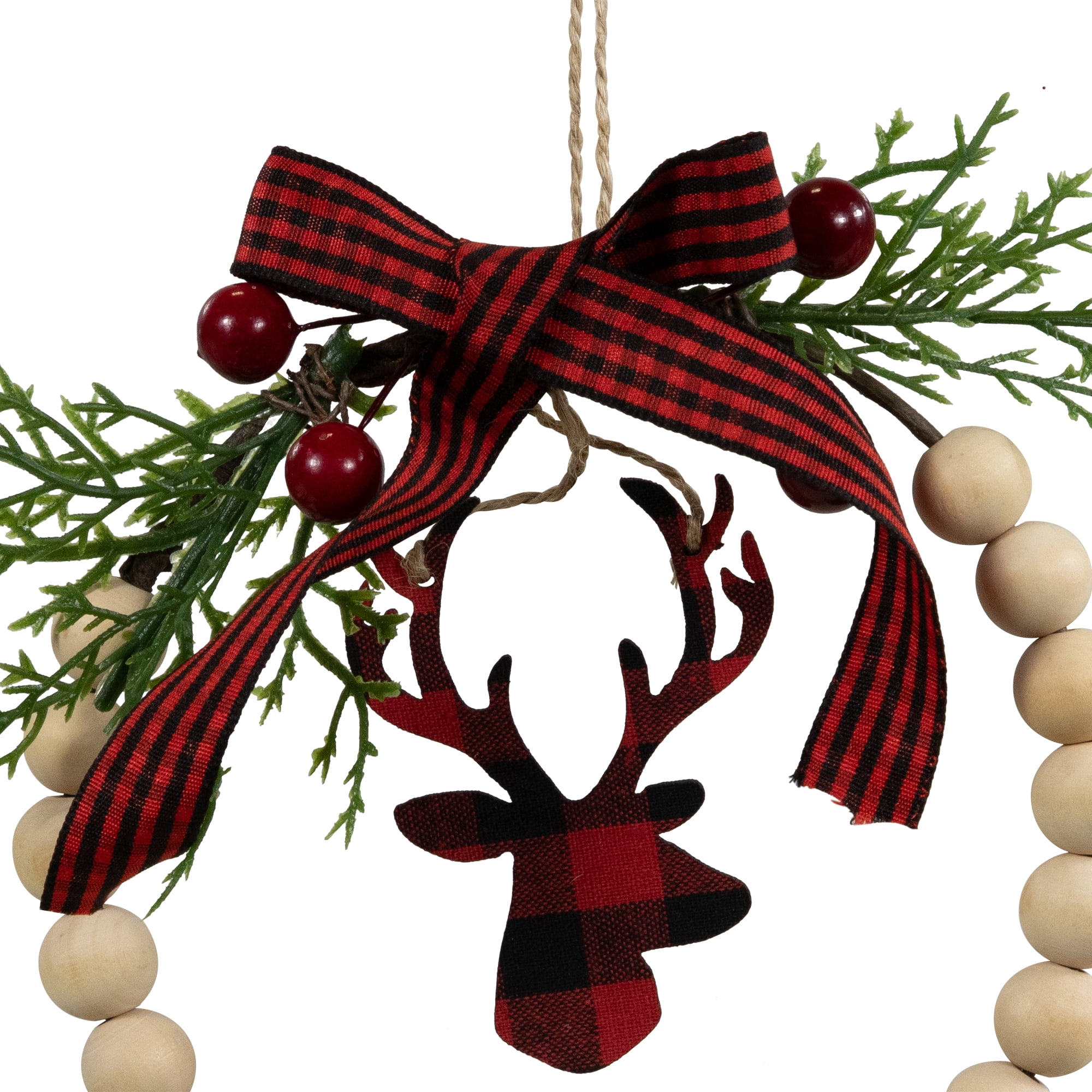 Northlight Plaid Reindeer with Pine and Berries Christmas Wreath Ornament - 7.5"