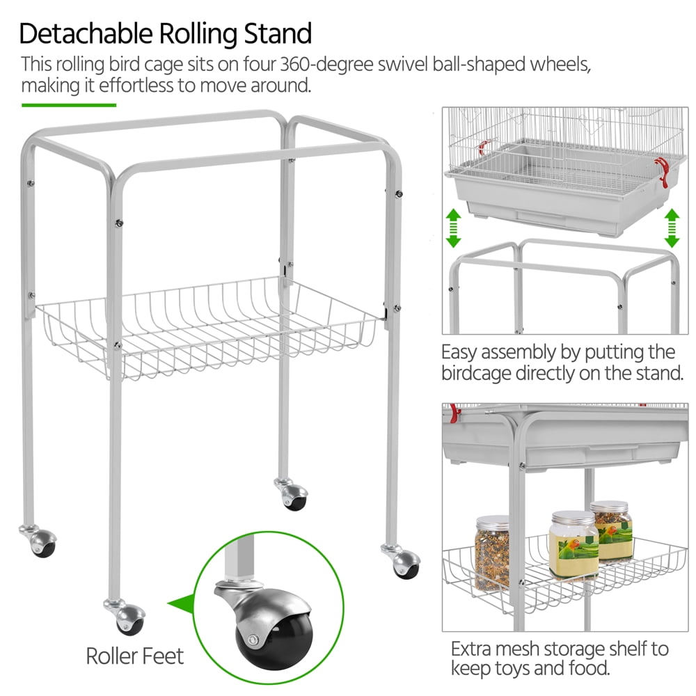 Alden Design 64" Large Rolling Metal Bird Cage with Open Top, Light Gray