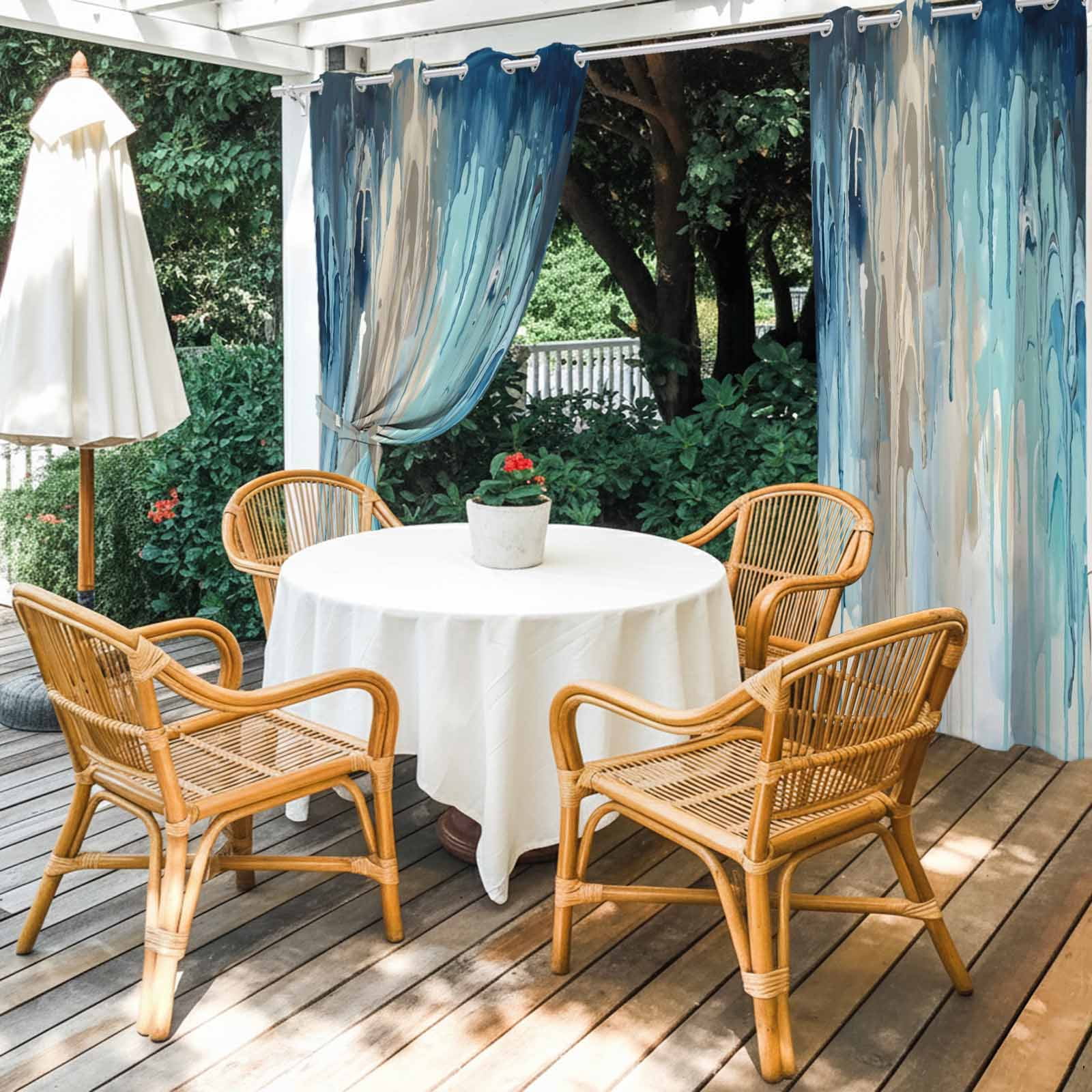Abstract Rain Outdoor Curtains for Patio, Modern Teal Beige Blue Ocean Waves Water Drops Sunshade Privacy Drapes Grommet Waterproof Outside Curtains for Porch/Cabana/Balcony 54"x 108", 1 Panel