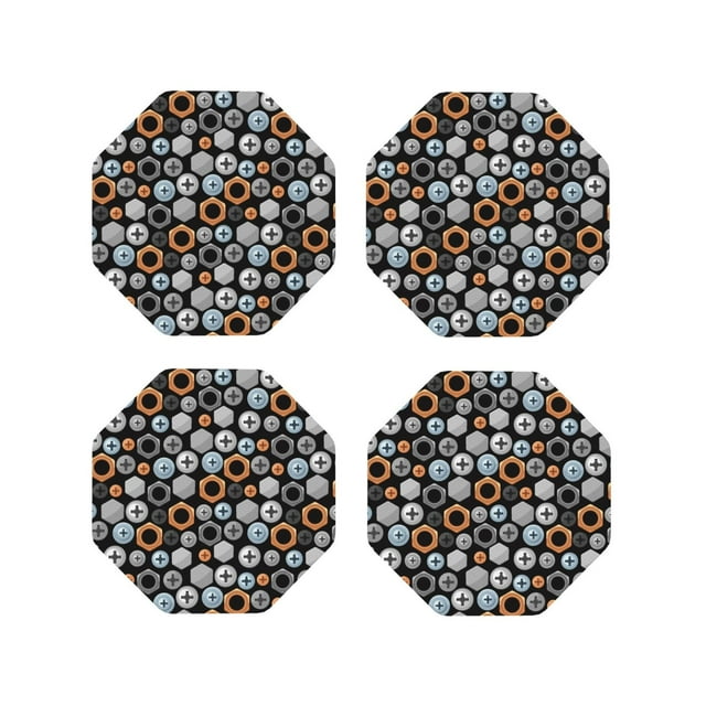 Vsdgher Colorful Screws Print Leather Coasters for Drinks, Durable Drink Coasters 4 Set for Tabletop Protection, Luxurious Home Décor and Housewarming Gift-Octagon