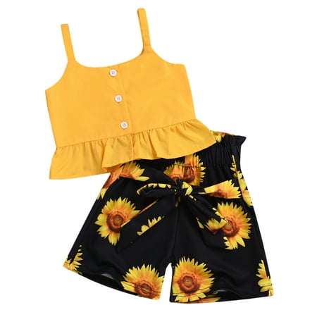 

Pudcoco Baby Sleeveless Sling Ruffles Button Tops Sunflower Shorts Pants Sets