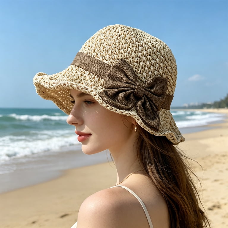 Clossjun Elegant Woven Straw Sun Hat with Bow Summer Beach  display picture 1