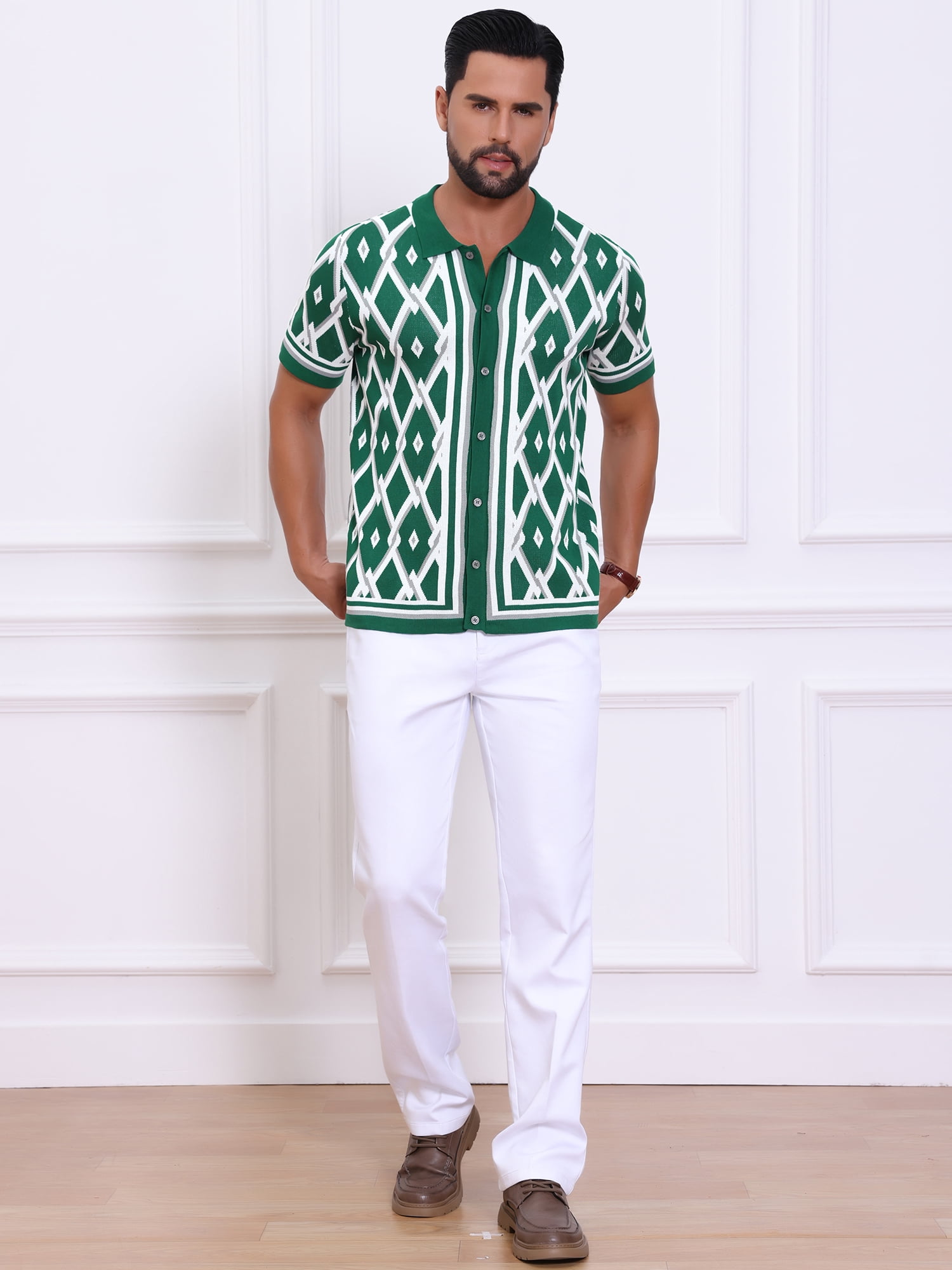 DARING DIVA Men's Short Sleeve Button Down Plaid Knitted Argyle Polo Shirt L Green