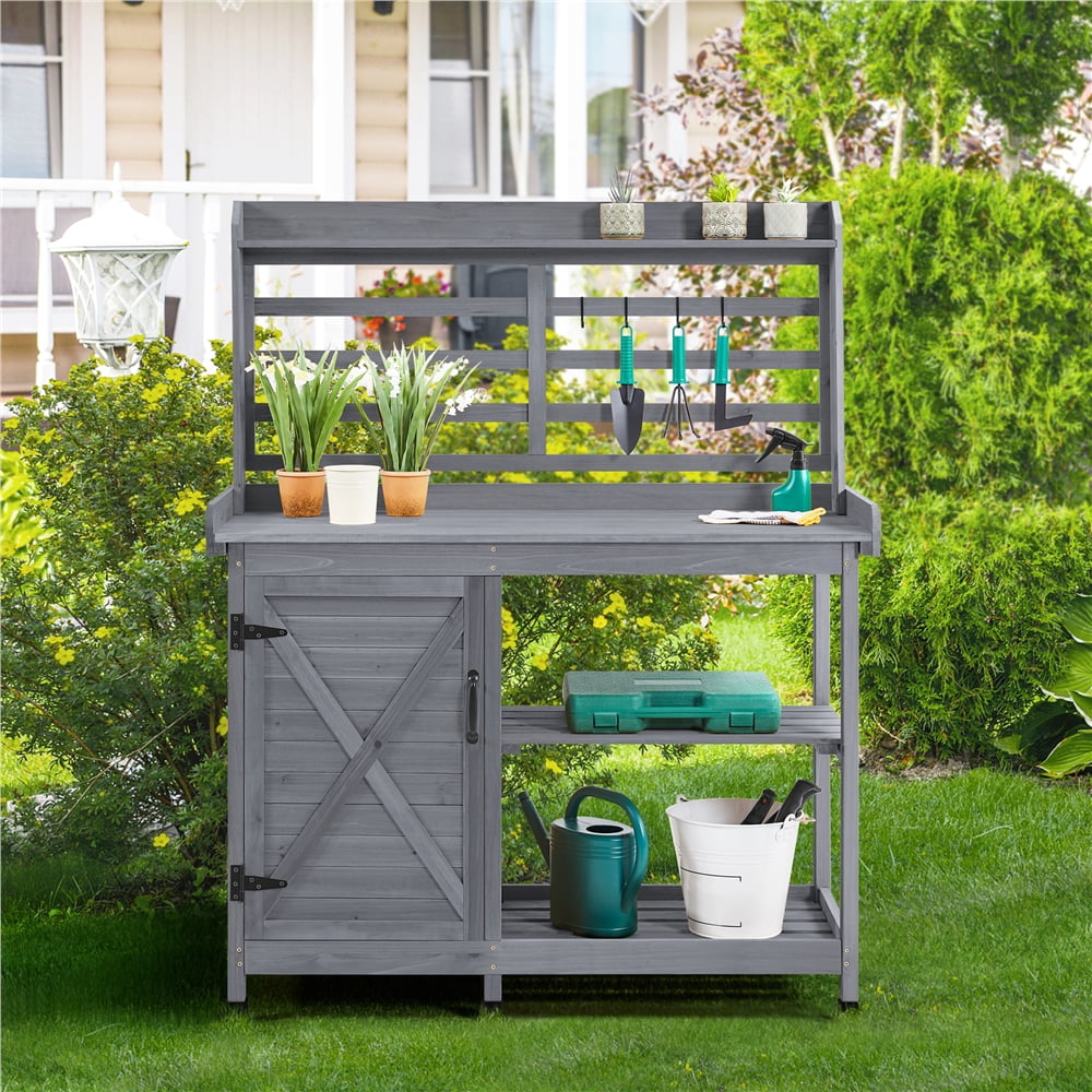 Renwick 4-layer Garden Work Bench with Cabinet & Open Shelf, Gray
