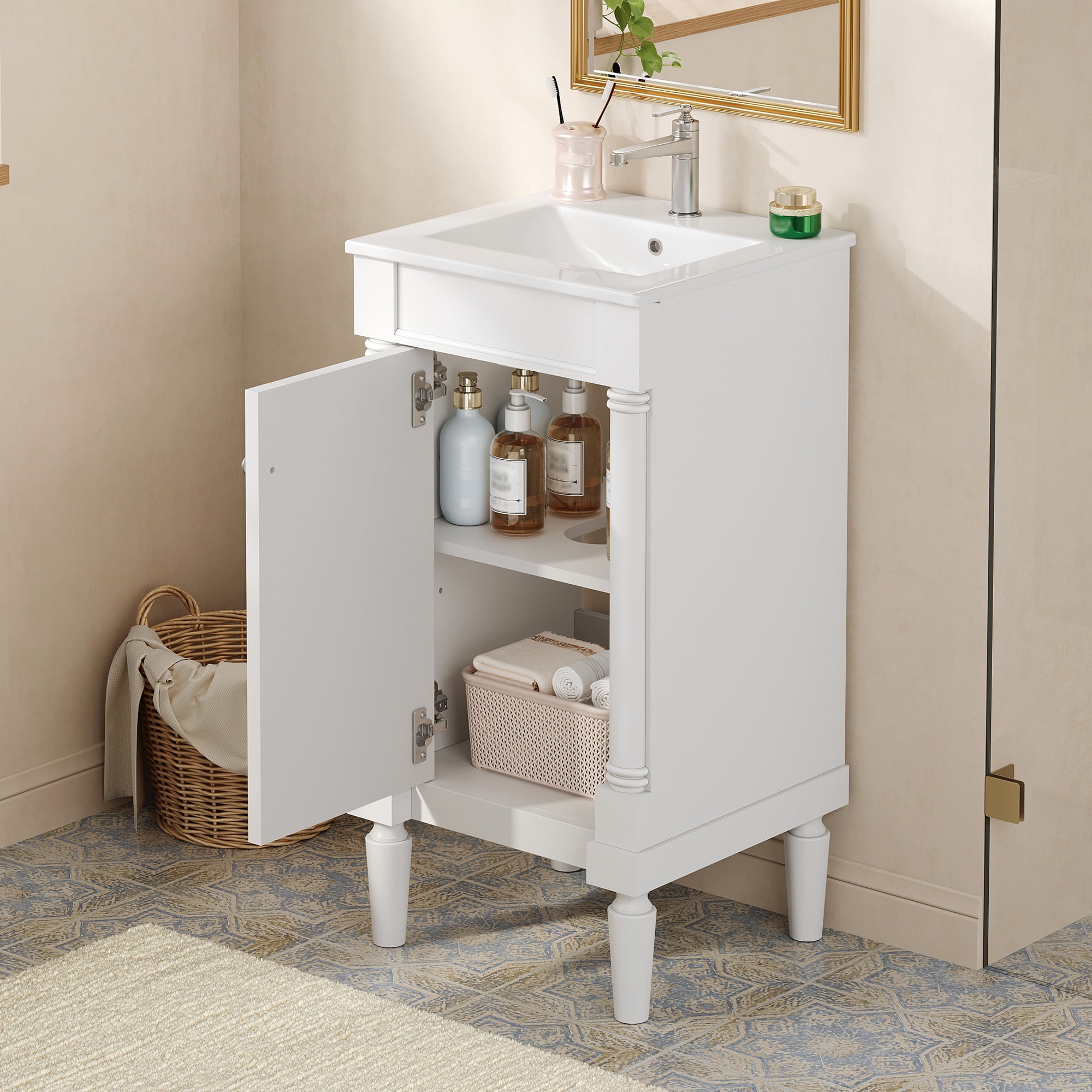 Euroco 18" French Style Bathroom Cabinet with Storage, Small Space Solution with Ceramic Sink, Adjustable Shelf, Soft-Closing Hinges