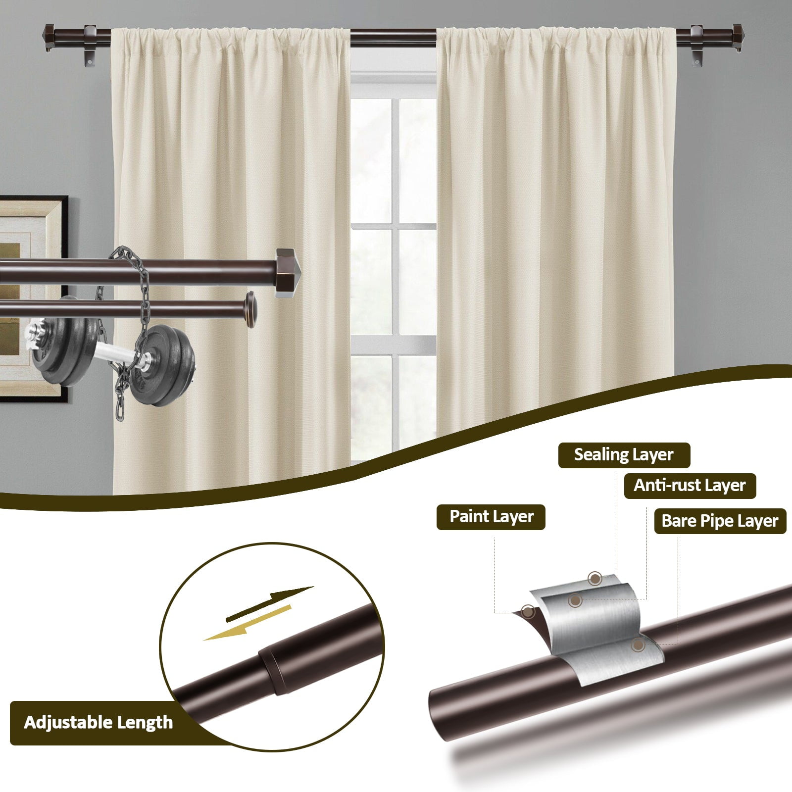 Ridicili 5/8" Telescoping Double Curtain Rods with Octagonal Finials, Bronze Gold, 28"-48", 5/8 Inches Front and 1/2 Inches Back Double Window Drapery Rod