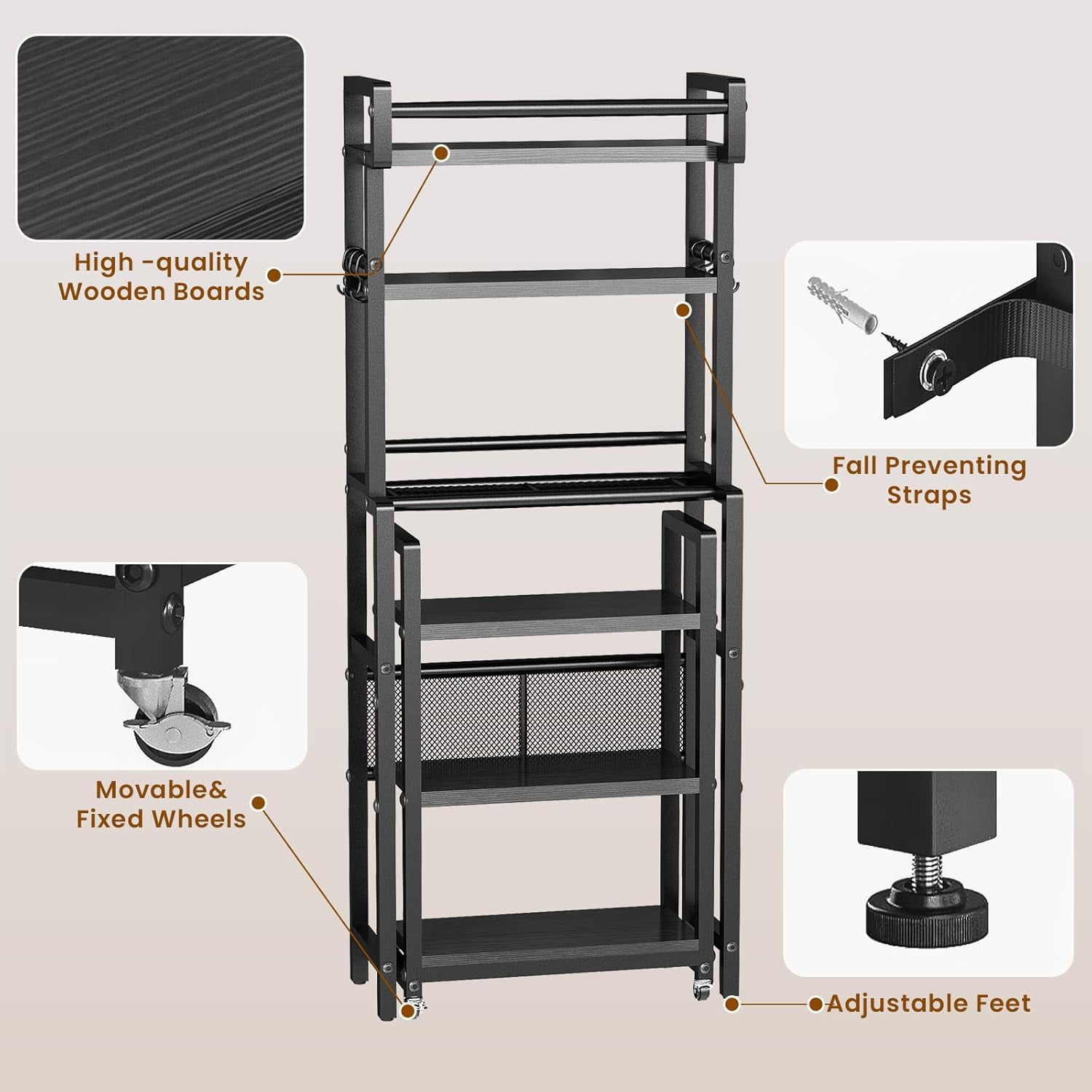 LinkRomat 6-Tier Farmhouse Bathroom Shelf, Over Toilet Organizer with Rolling Cart & 6 Hooks, Space Saving Storage Rack for Bathroom, Black