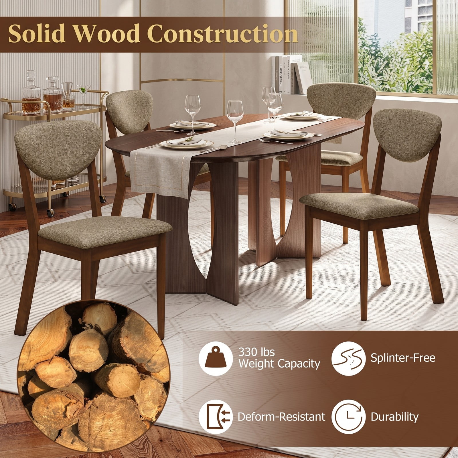Furnibear Wooden Dining Chairs Set of 4, Upholstered Kitchen Side Chairs with Padded Linen Seat and Angled Backrest, Solid Rubber Wood Legs, 330 lbs Capacity, Brown