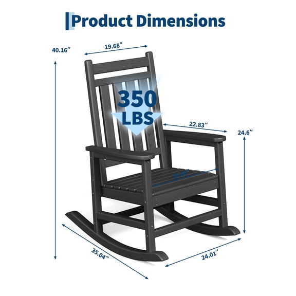 Poly Lumber HDPE Outdoor Rocking Chair, High Back Porch Rocker for Adults, All Weather Resistant Patio Furniture for Lawn, Garden and Deck