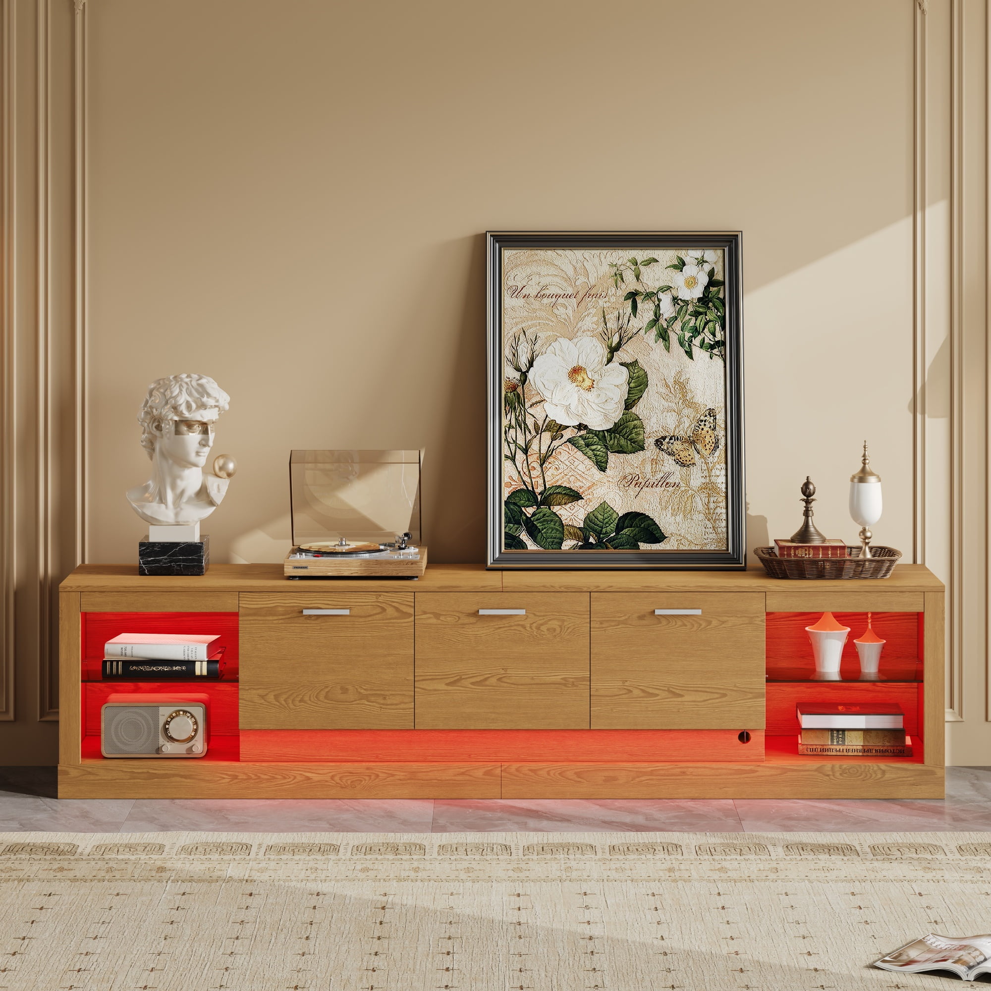 PORKISS LED TV Stand for up to 85" TVs, 78.7" Large Entertainment Center Console Table Open Shelf with 4 Storage Cabinets, Natural Wood