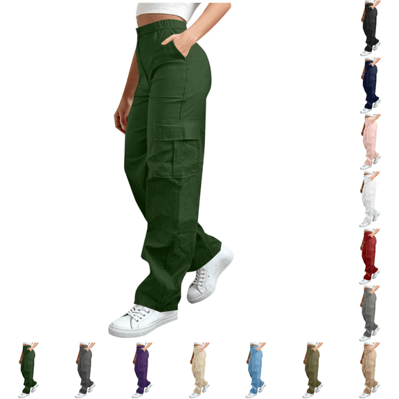 Yuanlook Women Plus Size Wide‑Leg Cargo Pants, Button Partial Elastic High‑Rise Waist Full Length Utility Trousers Relaxed‑Fit Casual Outdoor Bottoms S‑5XL