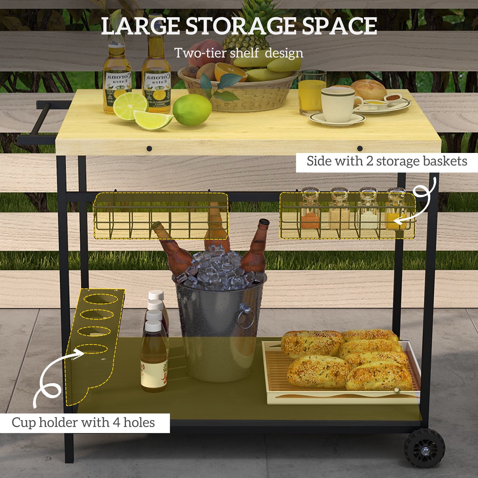 Outdoor Bar Cart, Patio Rolling Serving Cart with Wheels, Side Handle, 2 Storage Baskets and 4 Wine Bottle Holders, Indoor Outdoor Utility Cart for Garden Dining Room