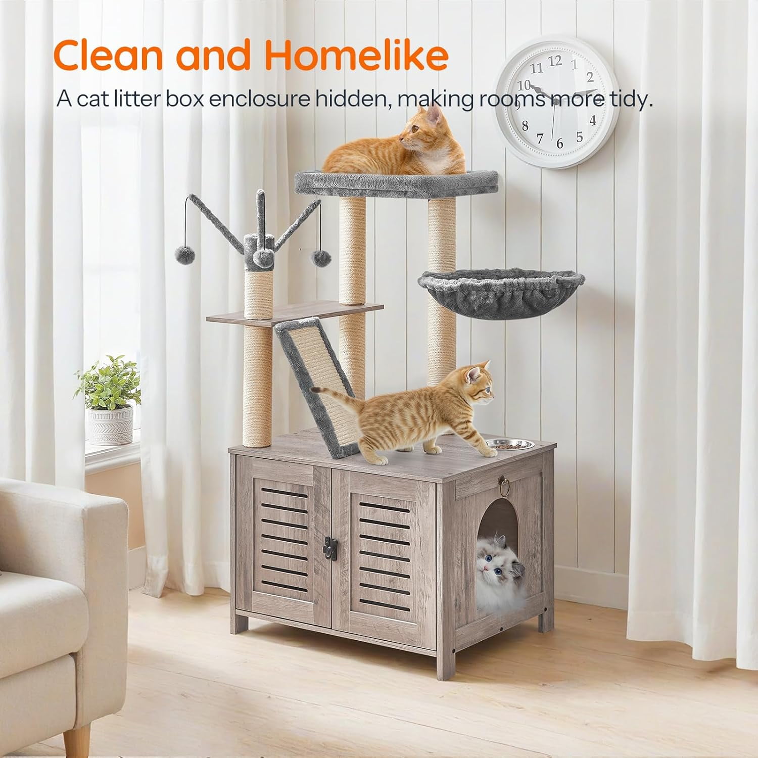 Cat Tree with Litter Box Enclosure, 44" Tall Wooden Cat Tower with Scratching Posts, Cat Hammock, Hidden Litter Box Furniture, All-in-One Indoor Cat Condo, Greige BG48MZ03