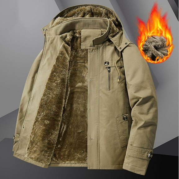DODADAWANJ Mens Fleece Lined Jacket with Detachable Hood Thermal Coats Big and Tall Windproof Outwear Coat Winter Outdoor Hiking Warm Jackets L