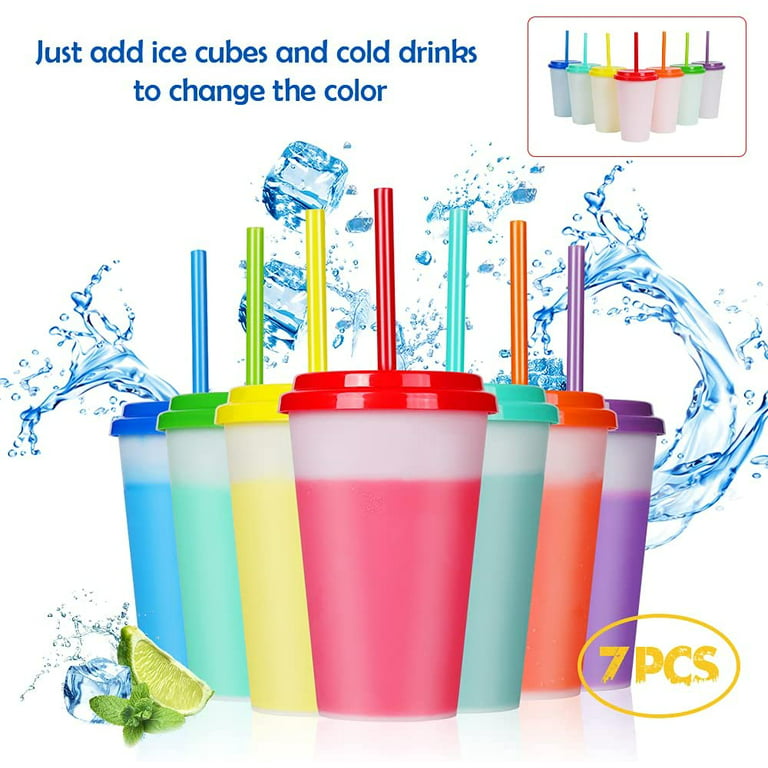 Plastic Cups with Lids and Straws - 7 Pack 12 oz Reusable Tumbler with Straw   Color Changing Cup with Lid Adults Bulk Travel Tumblers Drinking Cups for  Cold Coffee 